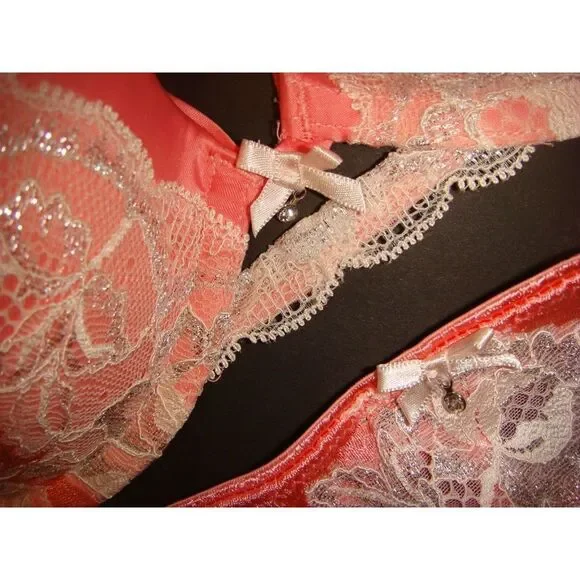Victoria's Secret 32D,32DDD BRA SET S thongs ORANGE SILVER WHITE SEXY SEDUCTION